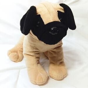 PUG Plush wrinkly Puppy Dog Stuffed Animal Toy Brown Eyes Floppy Ears Tan Black